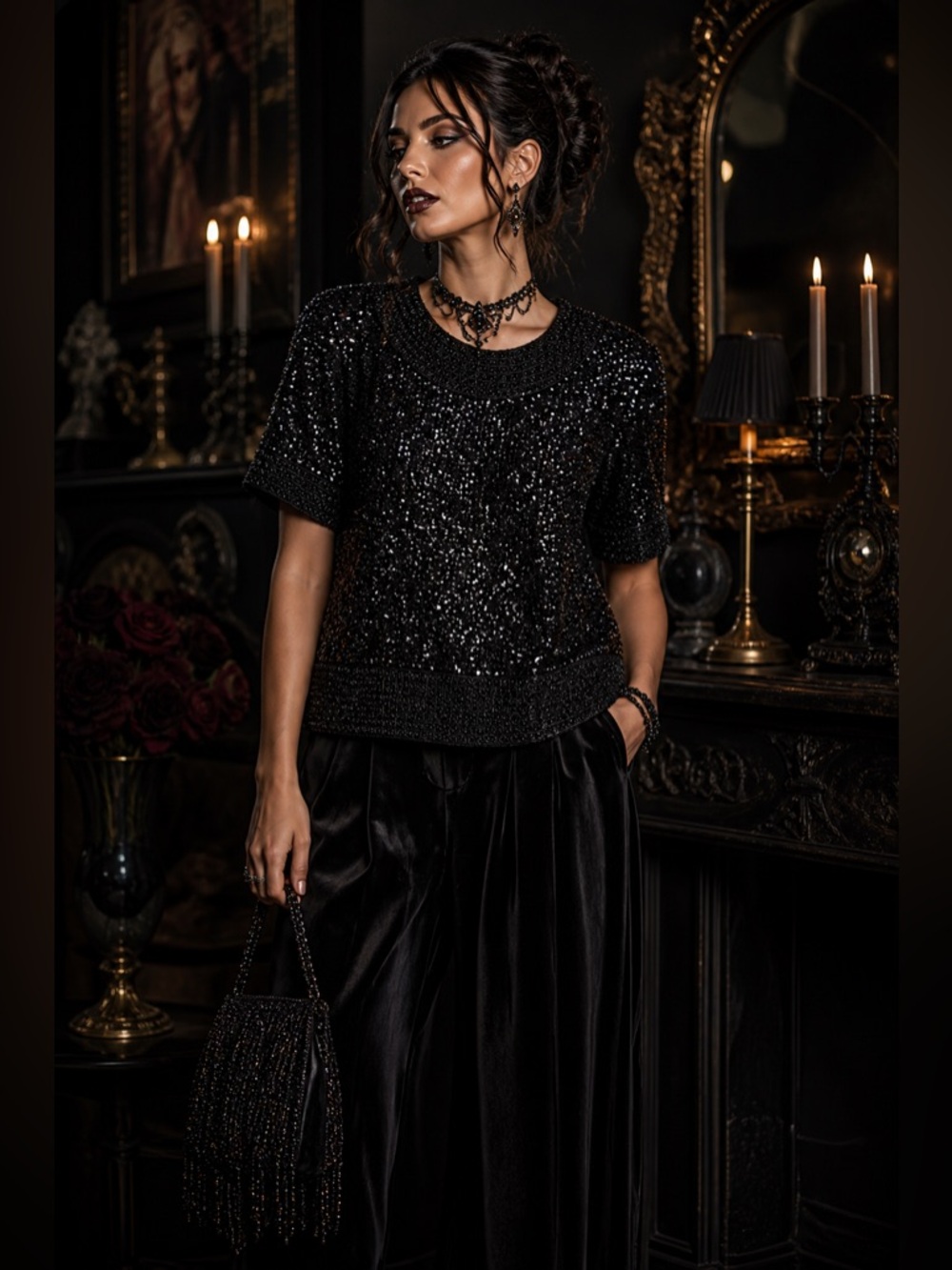 ✨ Vintage Hand-Beaded Black Sequin Top